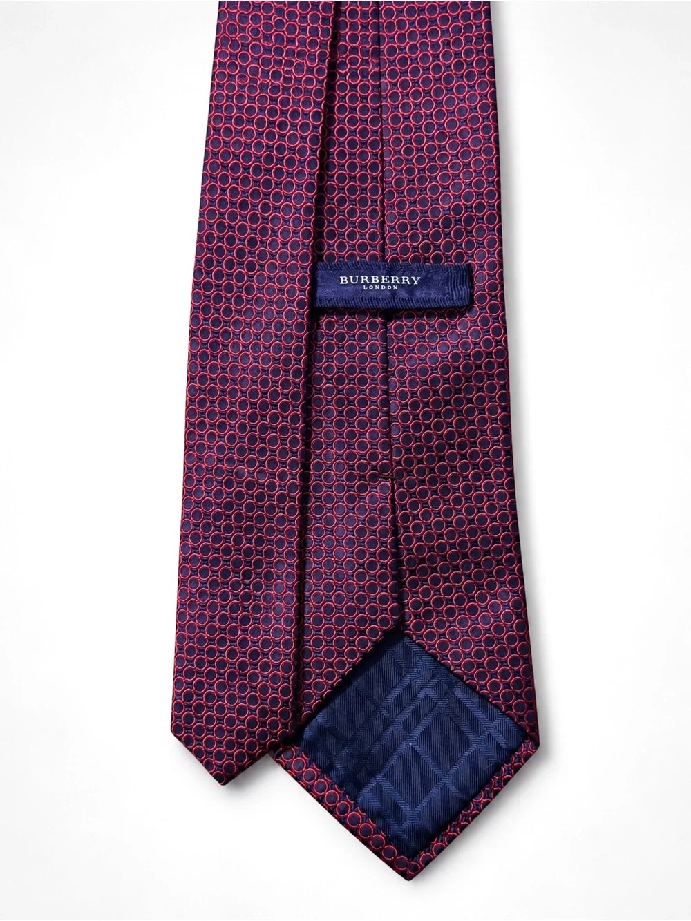Burberry London Silk Tie – Navy & Red Geometric Circle Pattern